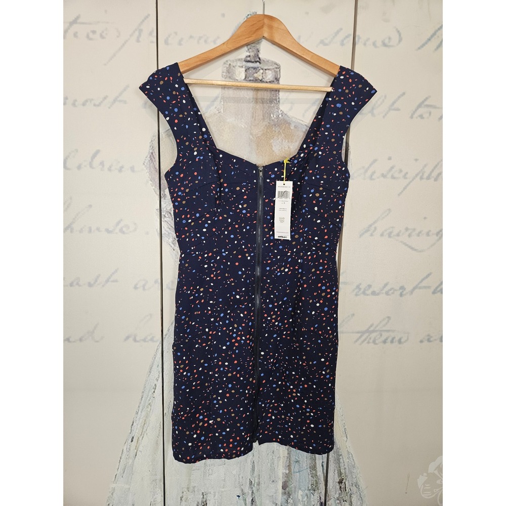 NWT BCBGeneration Mini Dress S Navy Galaxy Mult Zip Front Smocked Cap Sleeve